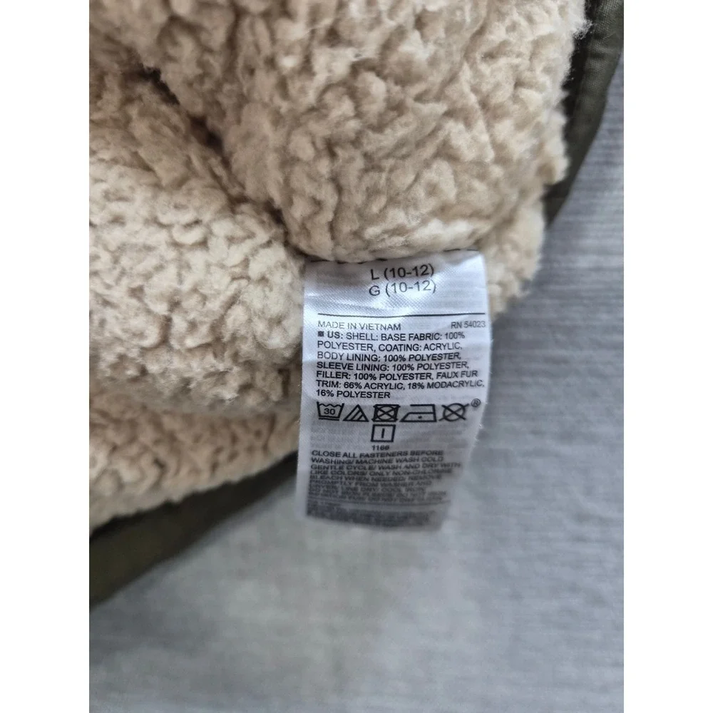 Old Navy Parka Jacket Coat Boys Large 10-12 Green Hooded Faux Fur Button Front